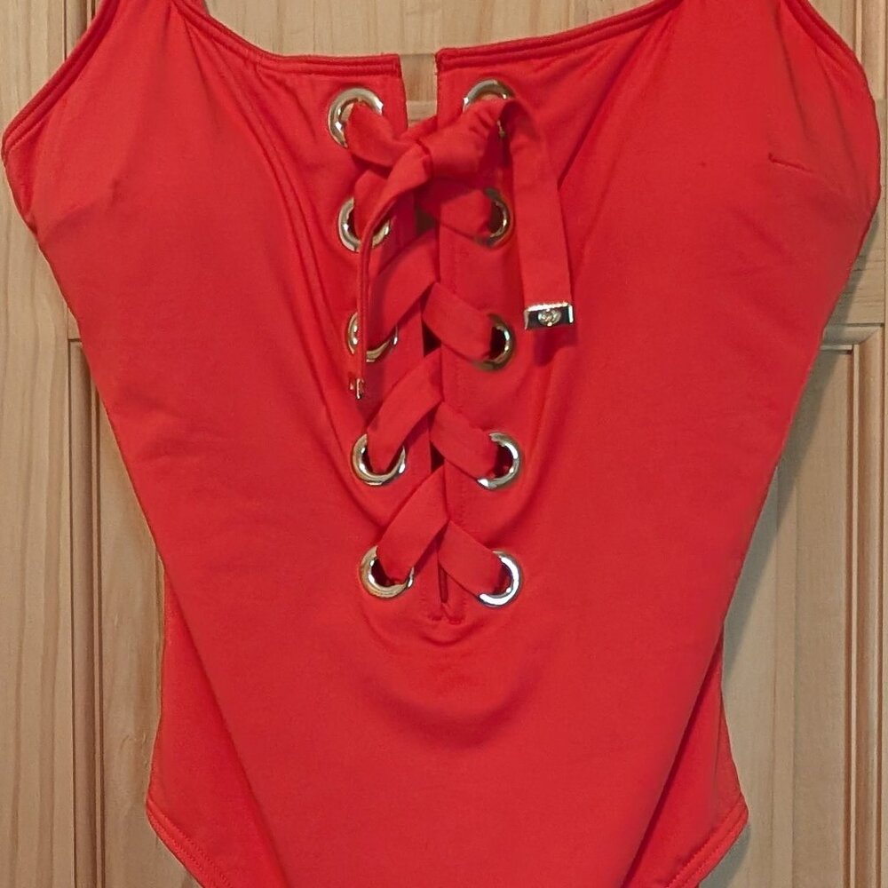 Michael Kors Lace-Up One-Piece Swimsuit Sea Coral 14